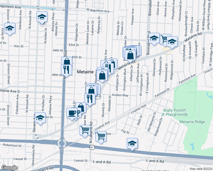 map of restaurants, bars, coffee shops, grocery stores, and more near 2420 Metairie Road in Metairie
