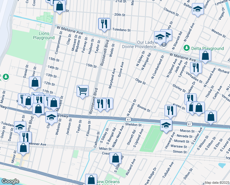 map of restaurants, bars, coffee shops, grocery stores, and more near 410 Grove Avenue in Metairie