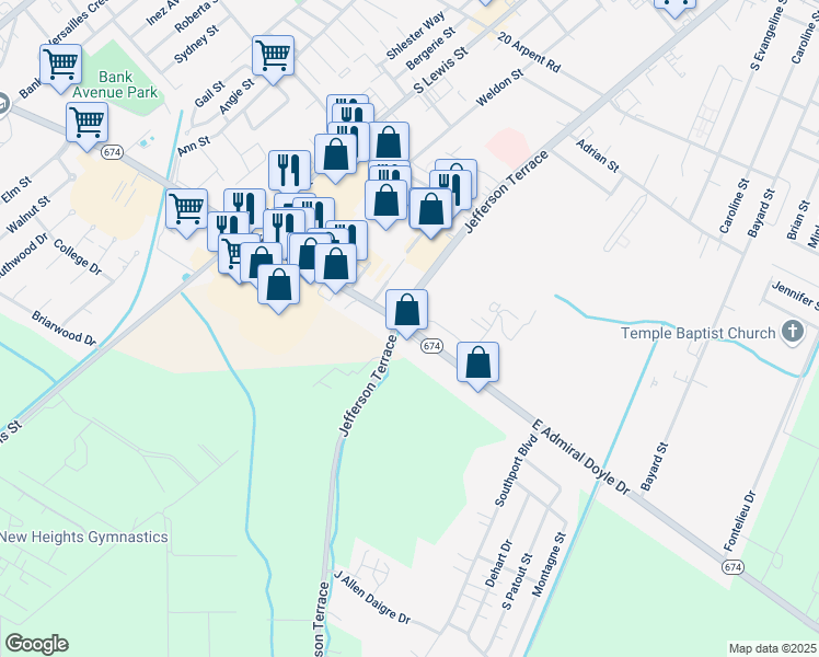 map of restaurants, bars, coffee shops, grocery stores, and more near 1301 East Admiral Doyle Drive in New Iberia
