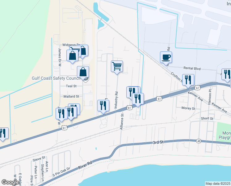 map of restaurants, bars, coffee shops, grocery stores, and more near 6 Oakland Road in Kenner
