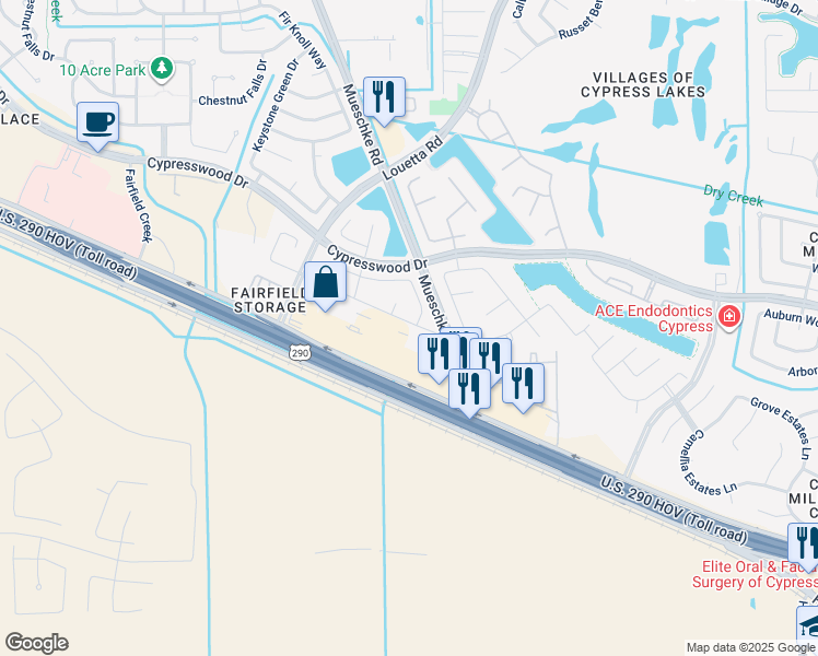 map of restaurants, bars, coffee shops, grocery stores, and more near 19207 Dawntreader Drive in Cypress
