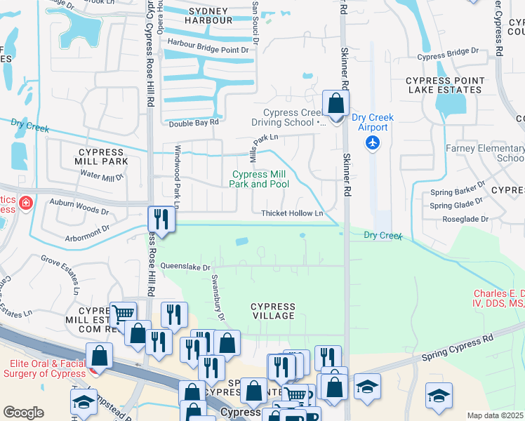 map of restaurants, bars, coffee shops, grocery stores, and more near 14603 Thornbluff Court in Cypress