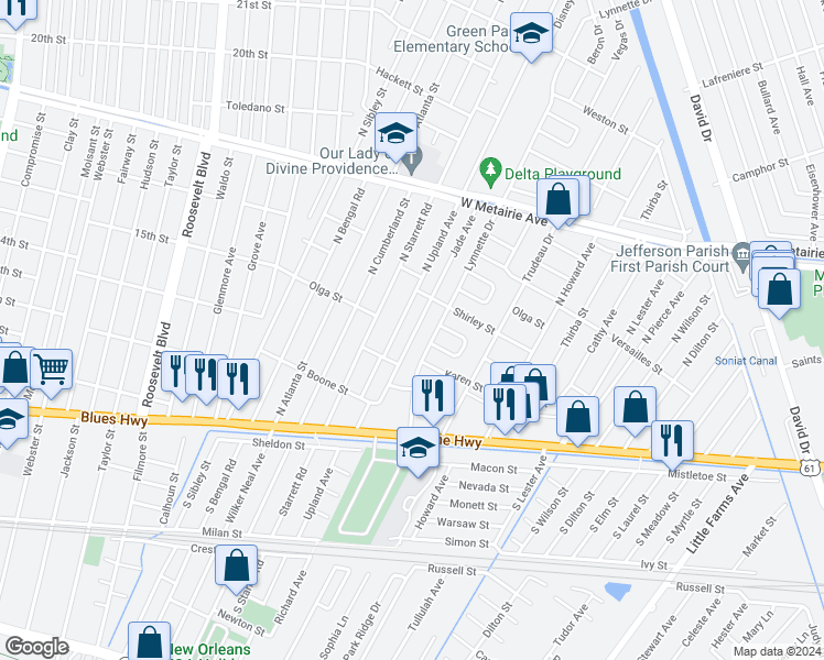 map of restaurants, bars, coffee shops, grocery stores, and more near 500 Jade Avenue in Metairie