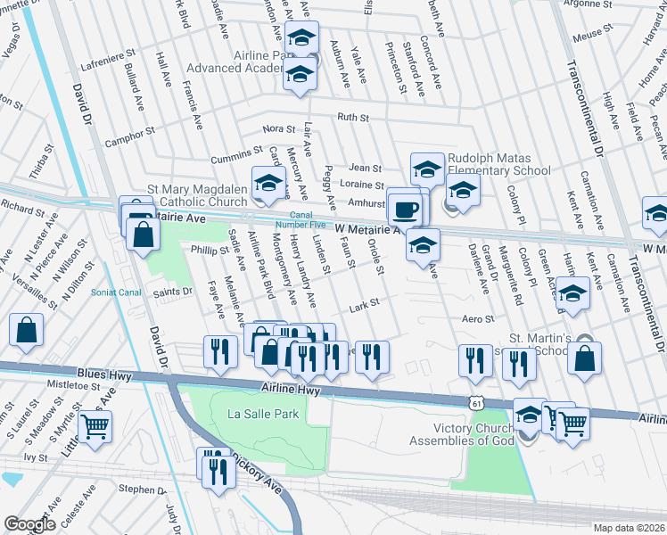 map of restaurants, bars, coffee shops, grocery stores, and more near 6208 Hodgson Avenue in Metairie