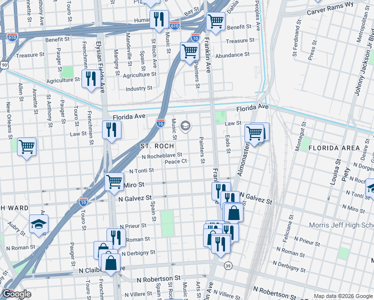 map of restaurants, bars, coffee shops, grocery stores, and more near 2634 North Rocheblave Street in New Orleans