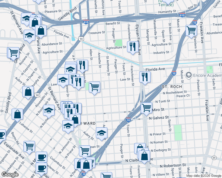 map of restaurants, bars, coffee shops, grocery stores, and more near 2424 Saint Anthony Street in New Orleans