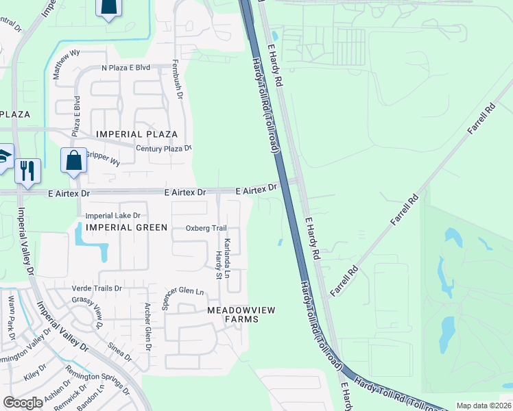 map of restaurants, bars, coffee shops, grocery stores, and more near 20022 Tunham Trail in Houston