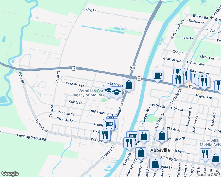 map of restaurants, bars, coffee shops, grocery stores, and more near 302 West Saint Paul Street in Abbeville