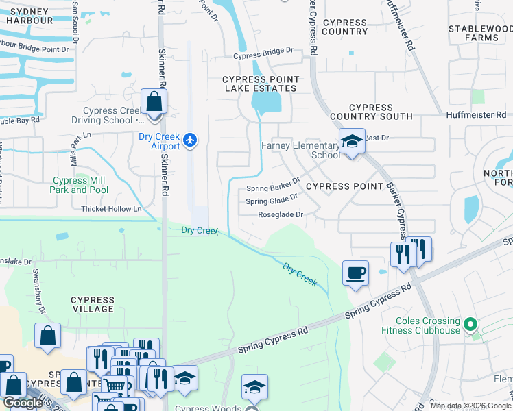 map of restaurants, bars, coffee shops, grocery stores, and more near 16734 Roseglade Drive in Cypress