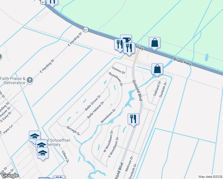 map of restaurants, bars, coffee shops, grocery stores, and more near 59 Belle Helene Drive in Destrehan