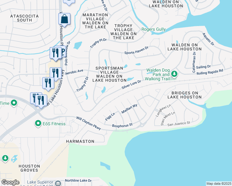 map of restaurants, bars, coffee shops, grocery stores, and more near 8002 Silver Lure Drive in Humble