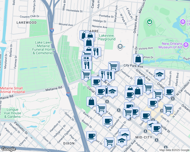 map of restaurants, bars, coffee shops, grocery stores, and more near 5021 Iberville Street in New Orleans