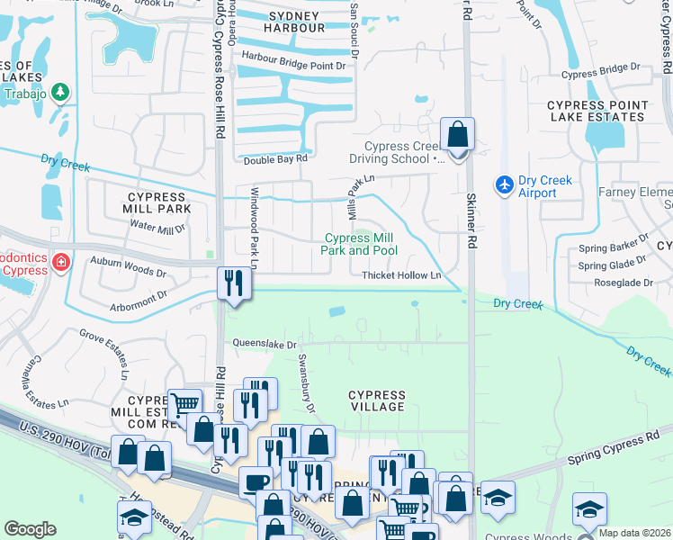 map of restaurants, bars, coffee shops, grocery stores, and more near 17903 Rose Hill Park Lane in Cypress