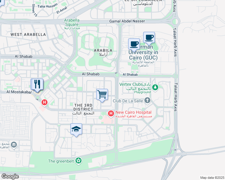 map of restaurants, bars, coffee shops, grocery stores, and more near in New Cairo 3
