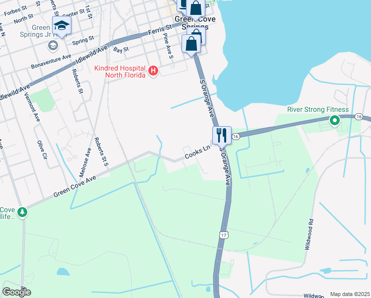 map of restaurants, bars, coffee shops, grocery stores, and more near 840 Cooks Lane in Green Cove Springs