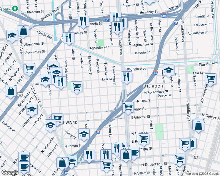 map of restaurants, bars, coffee shops, grocery stores, and more near 2421 Touro Street in New Orleans
