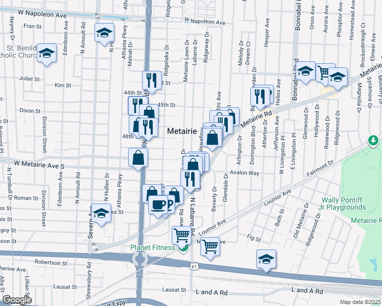 map of restaurants, bars, coffee shops, grocery stores, and more near 2508 Vivian Street in Metairie