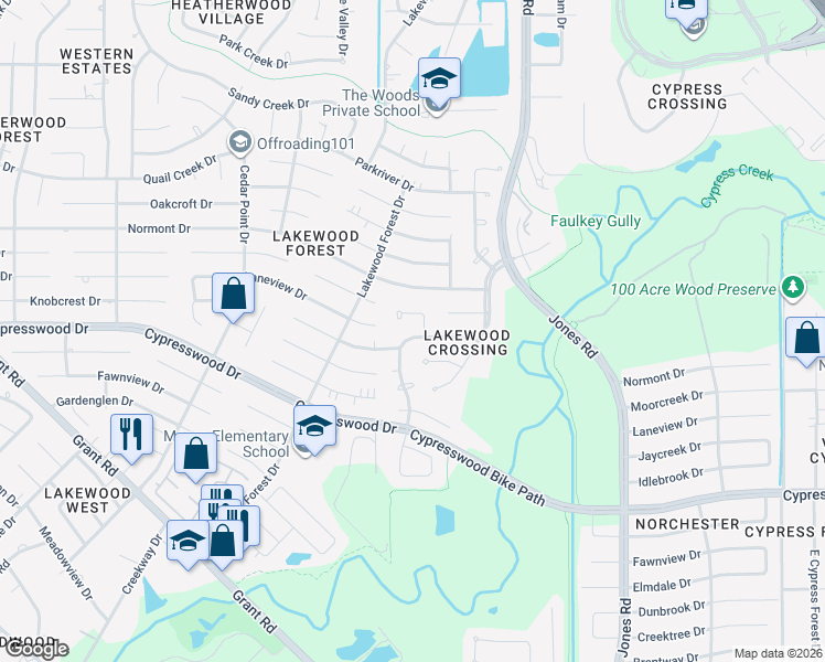 map of restaurants, bars, coffee shops, grocery stores, and more near 13934 Cypresswood Crossing Boulevard in Houston