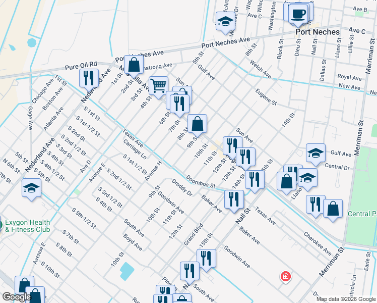 map of restaurants, bars, coffee shops, grocery stores, and more near 2302 10th Street in Port Neches
