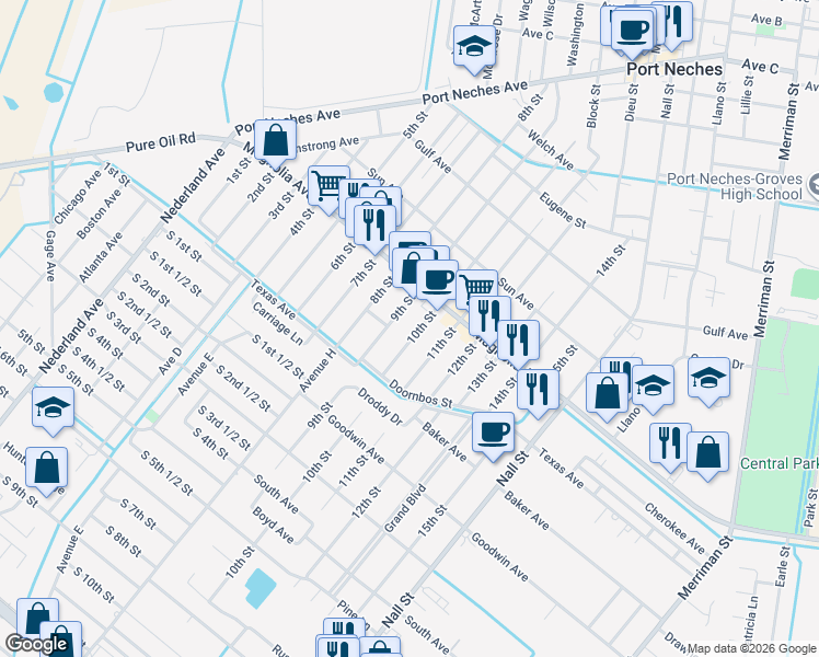 map of restaurants, bars, coffee shops, grocery stores, and more near 2302 10th Street in Port Neches