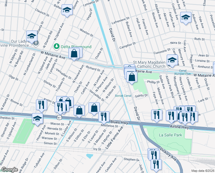 map of restaurants, bars, coffee shops, grocery stores, and more near 1012 North Wilson Street in Metairie
