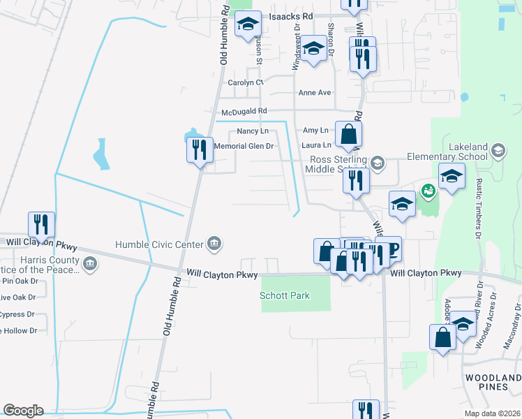 map of restaurants, bars, coffee shops, grocery stores, and more near 1118 Glen Valley Drive in Humble