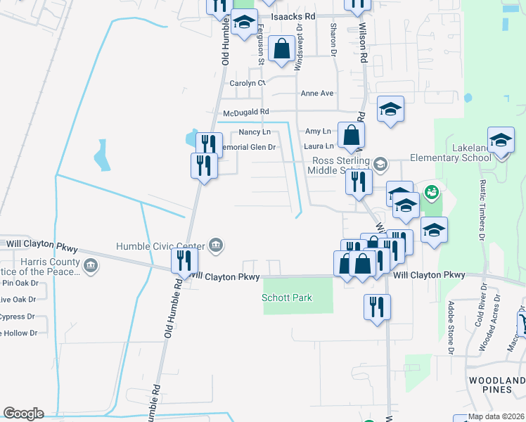 map of restaurants, bars, coffee shops, grocery stores, and more near 1118 Glen Valley Drive in Humble