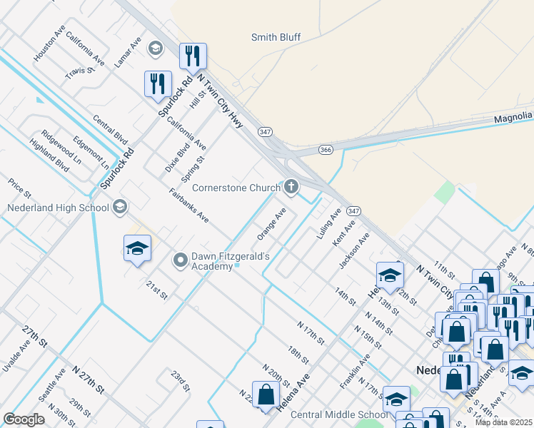 map of restaurants, bars, coffee shops, grocery stores, and more near 1319 Canal Avenue in Nederland