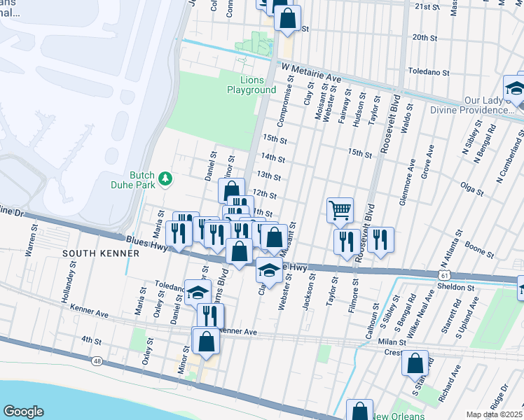 map of restaurants, bars, coffee shops, grocery stores, and more near 1102 Compromise Street in Kenner