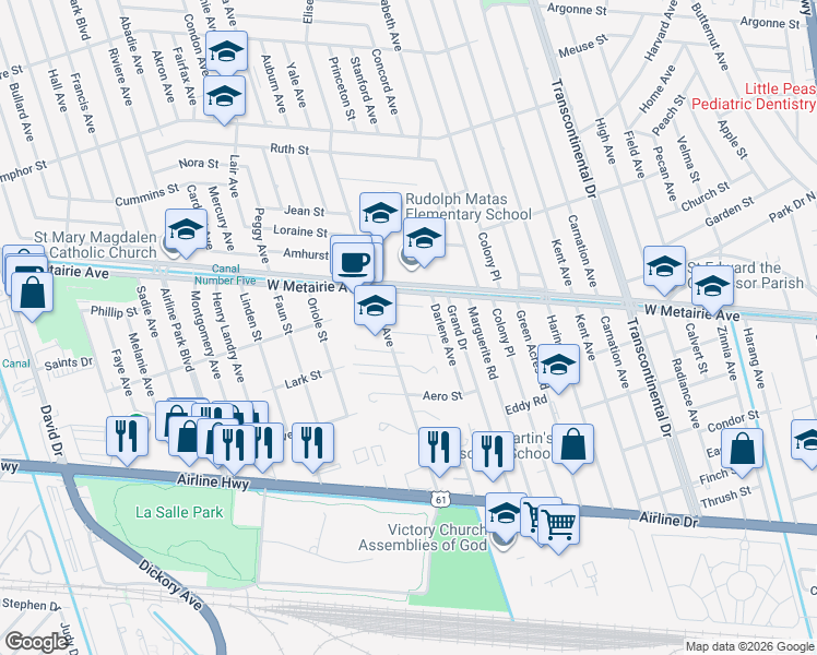 map of restaurants, bars, coffee shops, grocery stores, and more near 717 Elise Avenue in Metairie