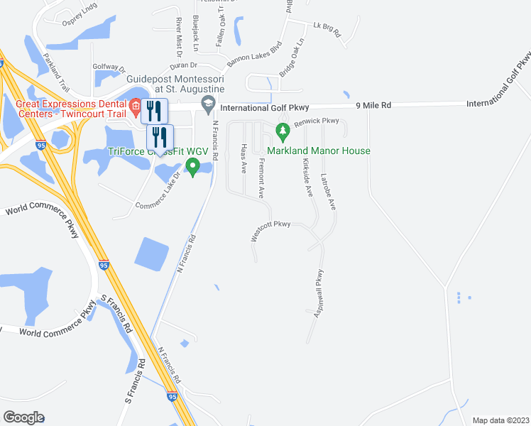 map of restaurants, bars, coffee shops, grocery stores, and more near 652 Bronson Parkway in St. Augustine