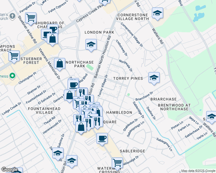 map of restaurants, bars, coffee shops, grocery stores, and more near 4250 Torrey Creek Lane in Houston