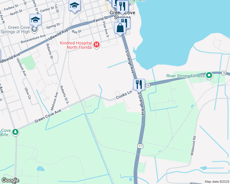 map of restaurants, bars, coffee shops, grocery stores, and more near 840 Cooks Lane in Green Cove Springs