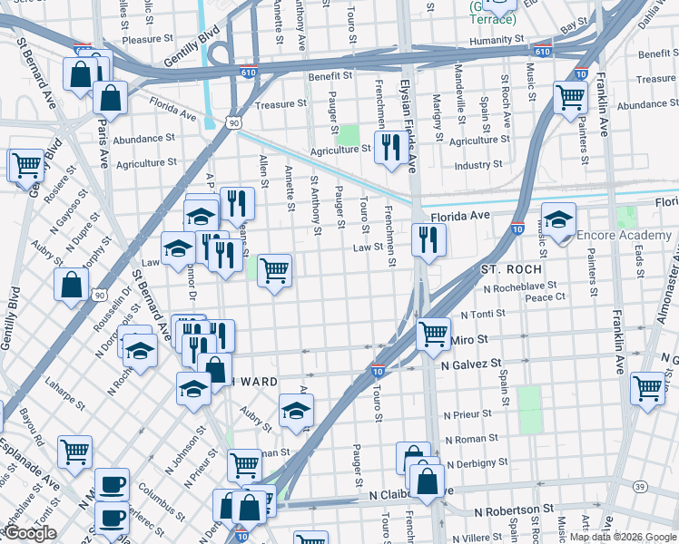 map of restaurants, bars, coffee shops, grocery stores, and more near 3119 Pauger Street in New Orleans