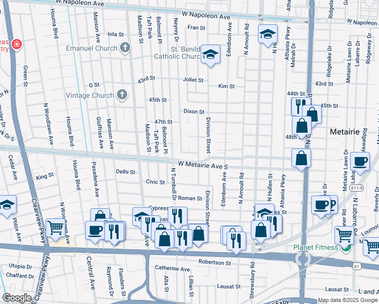 map of restaurants, bars, coffee shops, grocery stores, and more near 3708 Elgin Street in Metairie