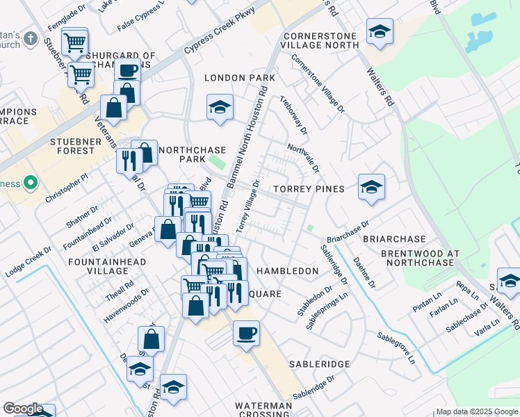 map of restaurants, bars, coffee shops, grocery stores, and more near 4250 Torrey Creek Lane in Houston