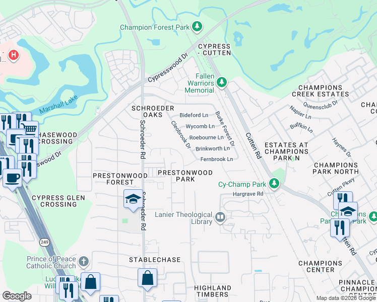 map of restaurants, bars, coffee shops, grocery stores, and more near 14030 Hillingdale Lane in Houston