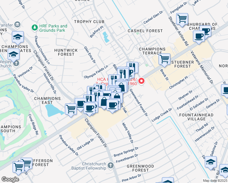 map of restaurants, bars, coffee shops, grocery stores, and more near 5203 Farm to Market 1960 Road West in Houston
