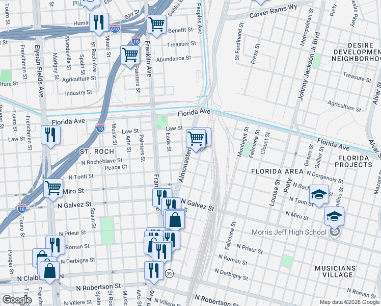 map of restaurants, bars, coffee shops, grocery stores, and more near 2833 Comus Court in New Orleans
