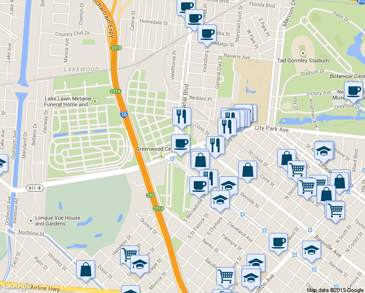 map of restaurants, bars, coffee shops, grocery stores, and more near 5101 Canal Blvd in New Orleans