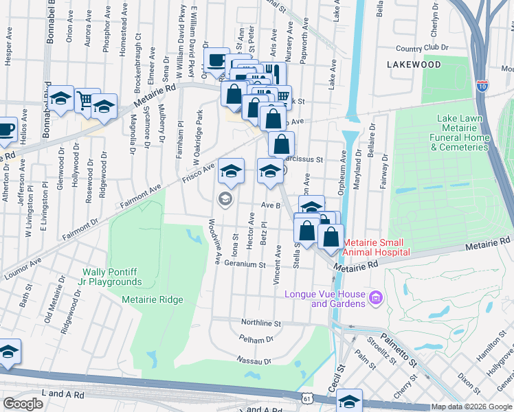 map of restaurants, bars, coffee shops, grocery stores, and more near 317 Hector Avenue in Metairie