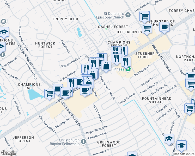 map of restaurants, bars, coffee shops, grocery stores, and more near 5107 Farm to Market 1960 Road West in Houston