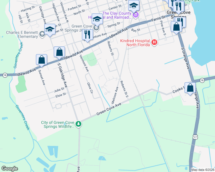 map of restaurants, bars, coffee shops, grocery stores, and more near 1398 Joey Circle West in Green Cove Springs