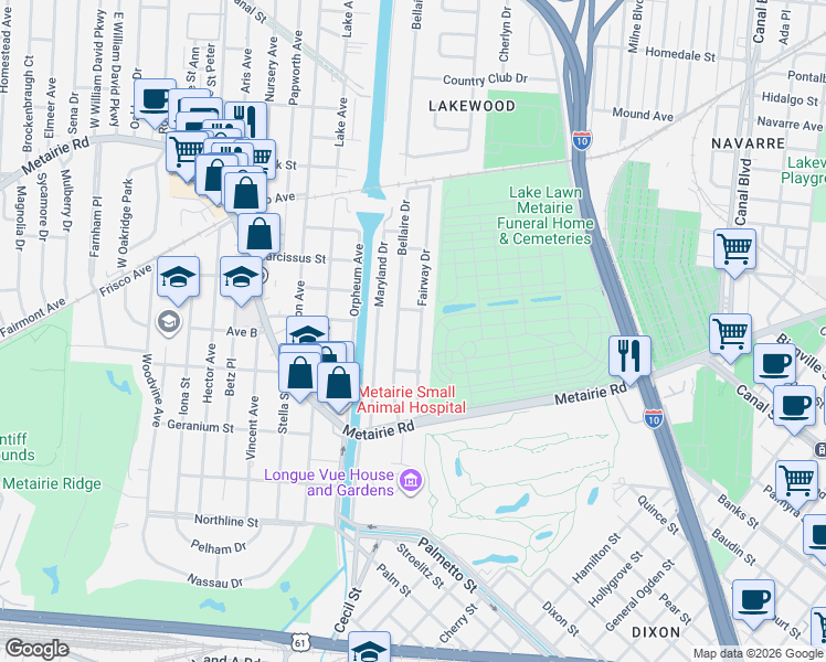 map of restaurants, bars, coffee shops, grocery stores, and more near 233 Bellaire Drive in New Orleans