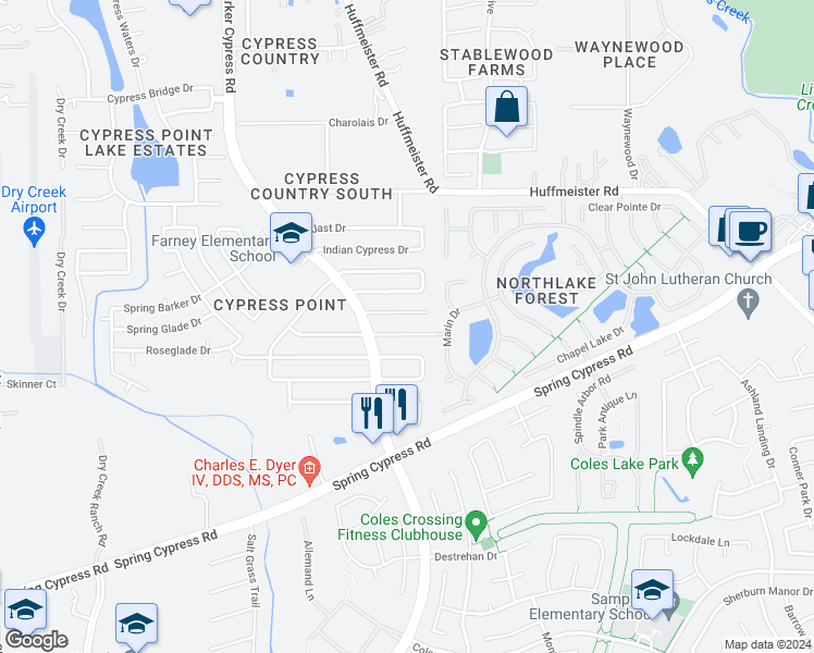 map of restaurants, bars, coffee shops, grocery stores, and more near 16110 Cypress Trace Drive in Cypress