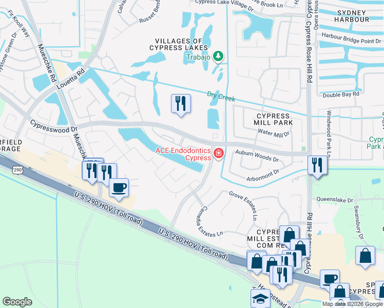 map of restaurants, bars, coffee shops, grocery stores, and more near 18619 Fairmont Springs Court in Cypress