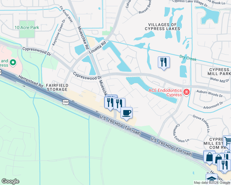 map of restaurants, bars, coffee shops, grocery stores, and more near 19110 Berkshire Oak Street in Cypress