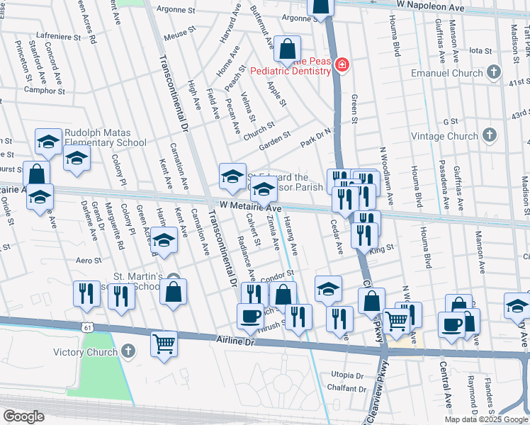 map of restaurants, bars, coffee shops, grocery stores, and more near 808 Zinnia Avenue in Metairie