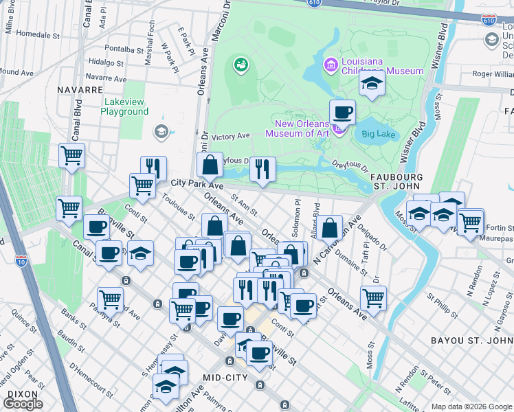 map of restaurants, bars, coffee shops, grocery stores, and more near 718 North Alexander Street in New Orleans