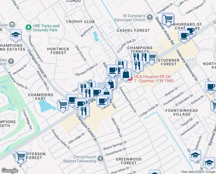 map of restaurants, bars, coffee shops, grocery stores, and more near 5100 Farm to Market 1960 Road West in Houston